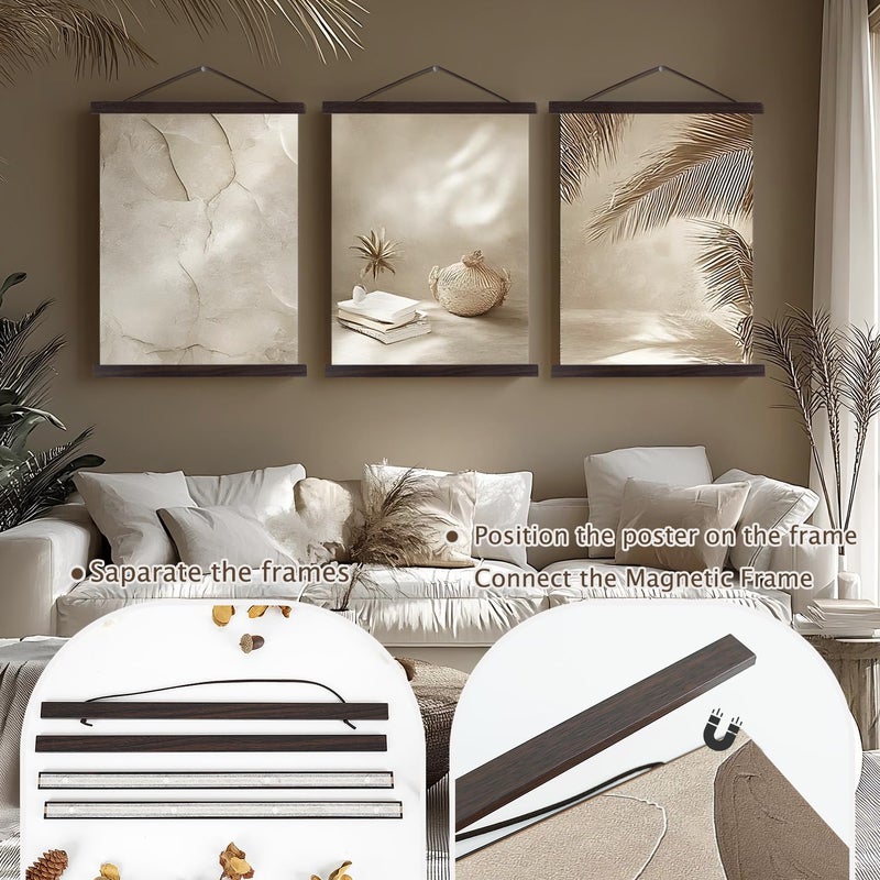 Artmag 2 Pack Magnetic Poster Hanger Frame, 24x36 24x32 24x18 Light Wood Wooden Magnet Canvas Artwork Print Dowel Poster Hangers Frames Hanging Kit (Walnut, 24", 2 Packs) - Image 3